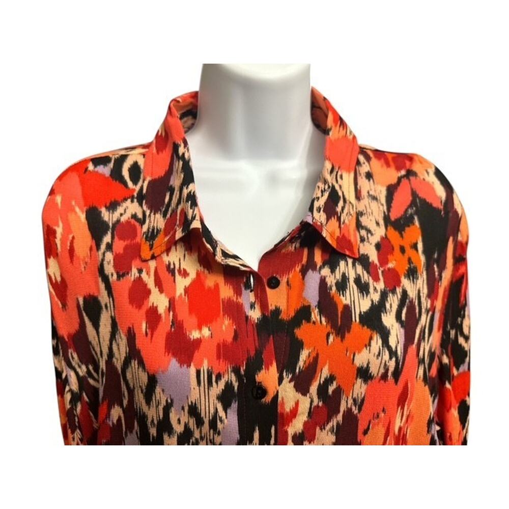 Liverpool 1X Top Rayon Button Up Mod Burnt Orange Floral Lightweight Long Sleeve - Picture 3 of 6